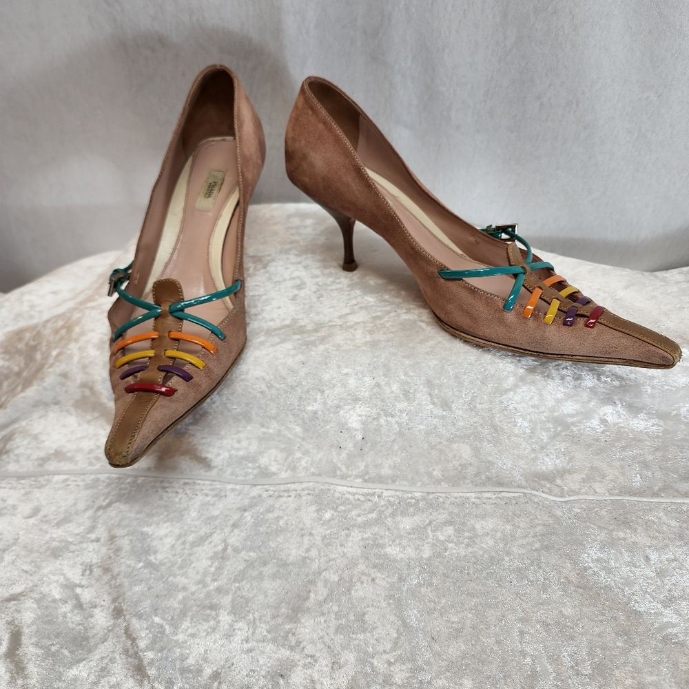 Prada Brown Suede Pointed Toe Heels with Multicolor Trim